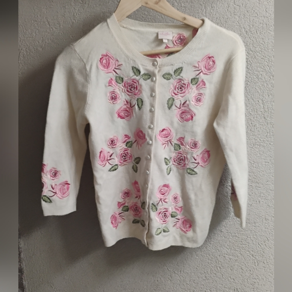 Modern does 50s Whistles London Embroidered Rose Buttoned Sweater Cardigan  Sz 3